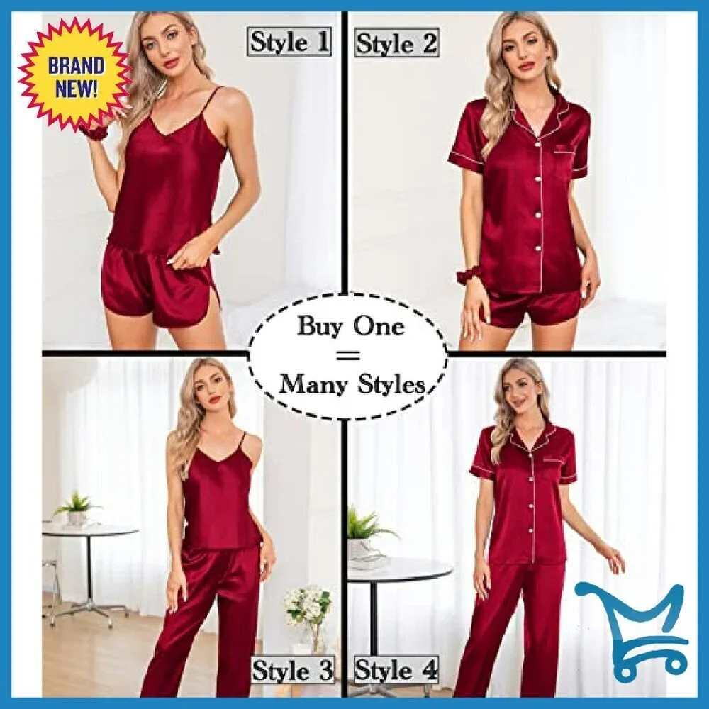 Silk Satin Pajama Set 7pc Sleepwear Cami Shorts Button Down Lounge
